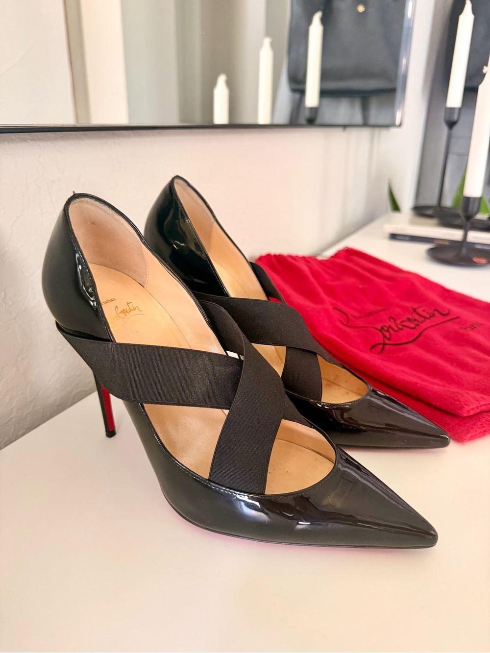 Christian Louboutin Black Patent Cross-Strap Pointed Pumps - Picture 1 of 9
